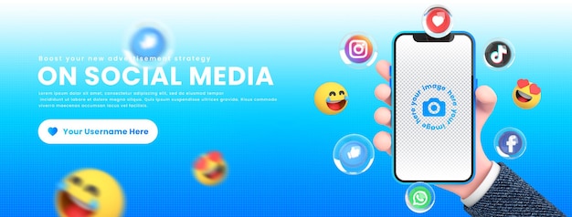 Hand holding mobile smart phone social media icons around 3d mockup for facebook cover template