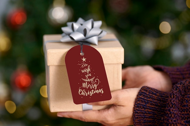 Hand holding mockup christmas greeting card and gift box