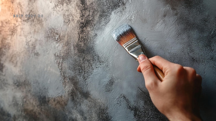 PSD hand holding paintbrush applying white paint on textured grey surface