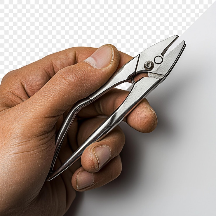 PSD a hand holding a pair of scissors with a white background