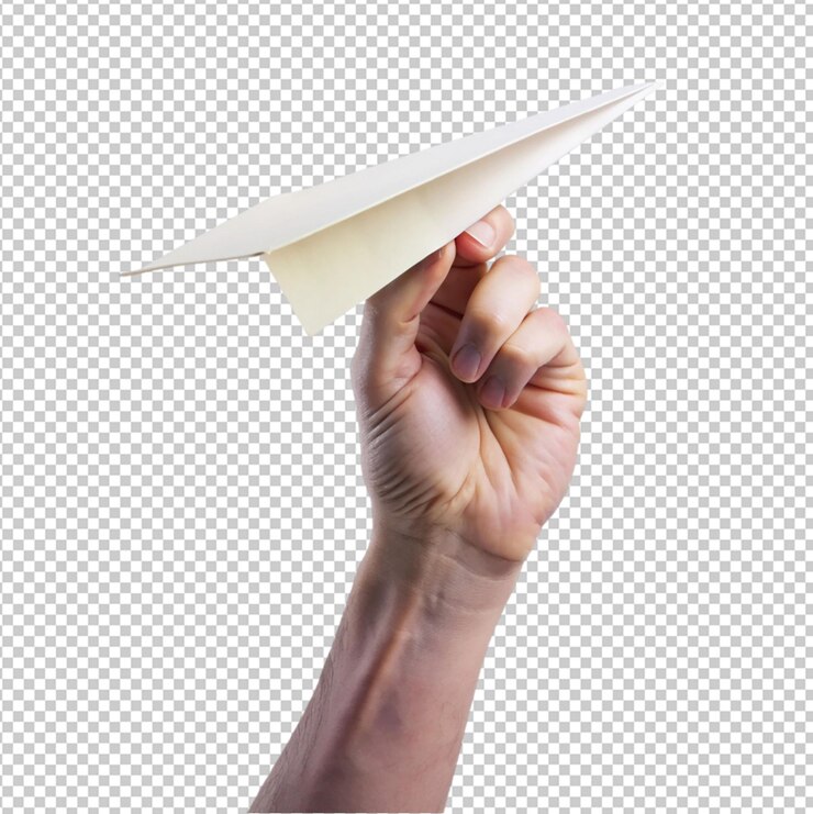 PSD hand holding paper plane on transparent background
