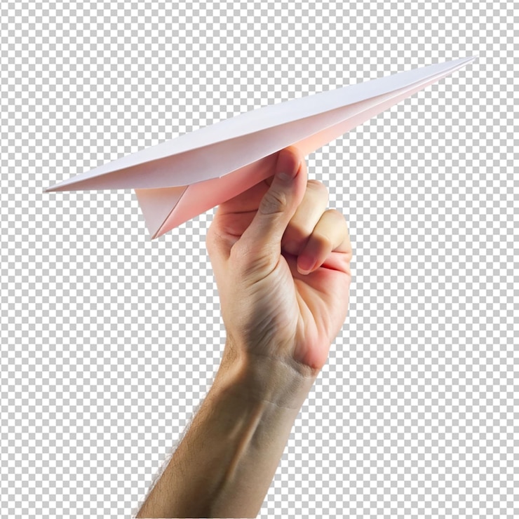 PSD hand holding paper plane on transparent background