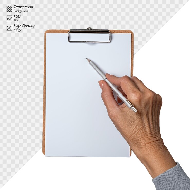 PSD hand holding a pen ready to write on a blank clipboard with transparent background
