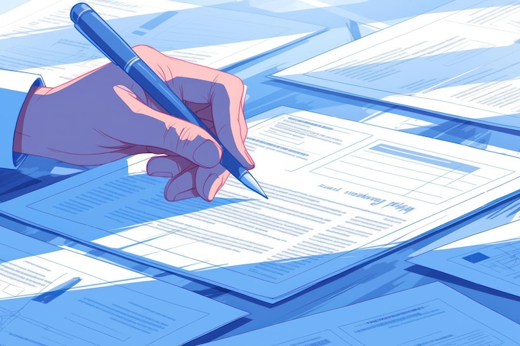 PSD a hand holding a pen and signing a document surrounded by other papers