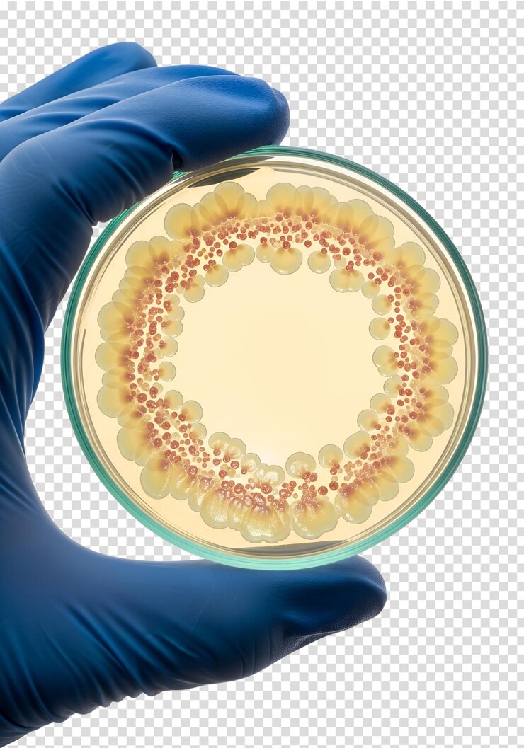 PSD hand holding petri dish with bacterial colonies isolated microbiology research