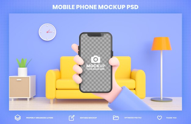 Mano che tiene il modello di rendering 3d del telefono per il modello di post sui social media