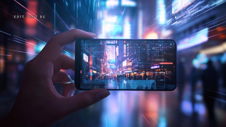 PSD hand holding phone displaying augmented reality city scene at night