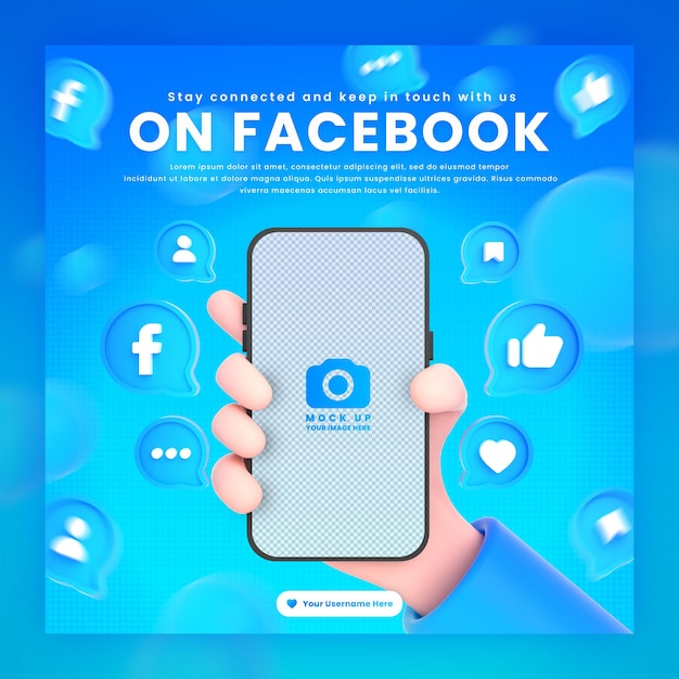 Hand holding phone facebook icons around 3d rendering mockup for promotion facebook post template