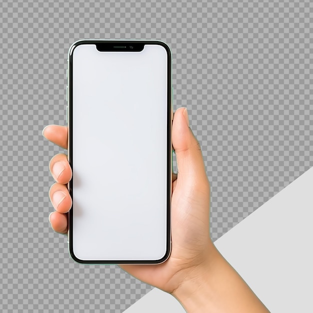 Hand holding phone for mockup isolated on transparent background