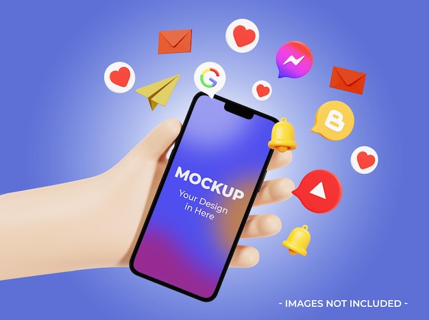 PSD hand holding phone mockup with 3d social media icon