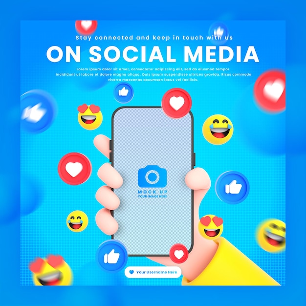 Hand holding phone social networking icons around 3d rendering mockup for social media post template