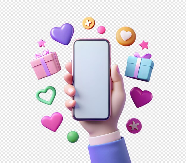 携帯電話を握っている手には多くの心が描かれています