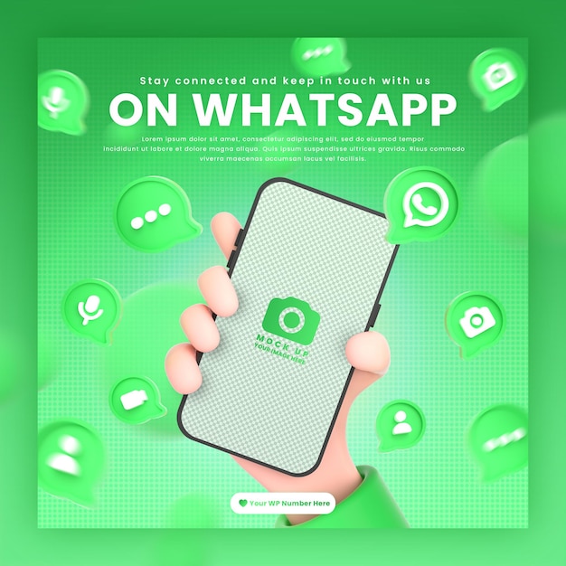 Hand holding phone whatsapp icons around 3d rendering mockup for promotion whatsapp post template