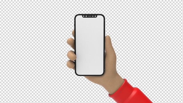 a hand holding a phone with a blank screen on transparent background
