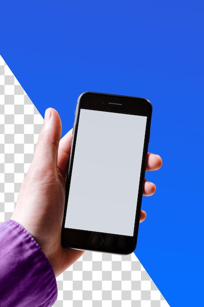 PSD una mano che tiene un telefono con uno schermo vuoto.
