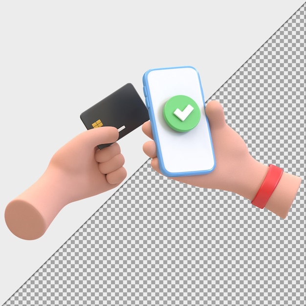 PSD hand holding phone with money and card 3d rendering illustration