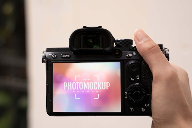 Hand holding photo camera mockup