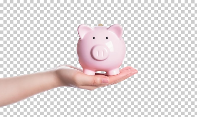 Hand holding pink piggy bank isolated on transparent background png psd