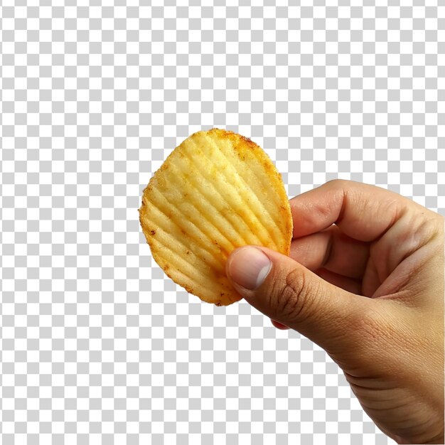 Hand holding potato chips isolated on transparent background