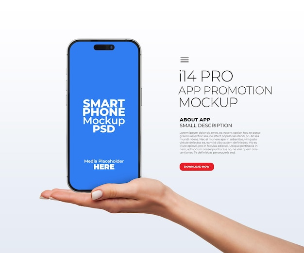 Hand holding premium iphone 14 pro max smartphone screen mockup template with editable background