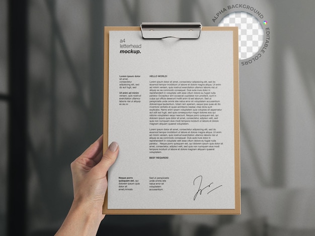 PSD hand holding professional branding a4 office stationery document file clipboard mockup isolated