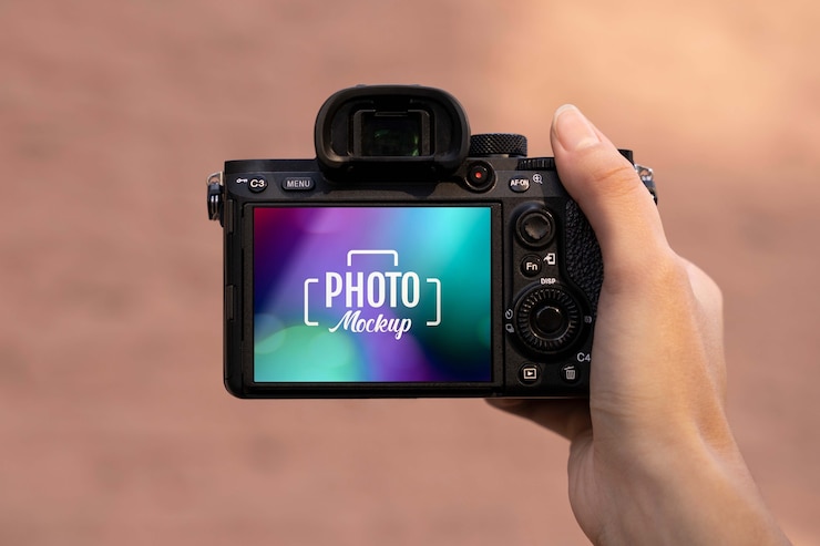 PSD hand holding professional photo camera mockup