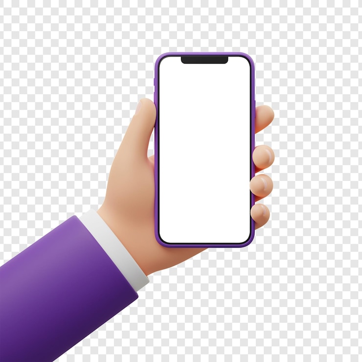 PSD рука, держащая фиолетовый 3d мультфильмный смартфон с пустым экраном на прозрачном фоне