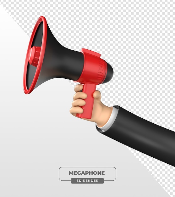 hand holding red and black megaphone in 3d render with transparent background
