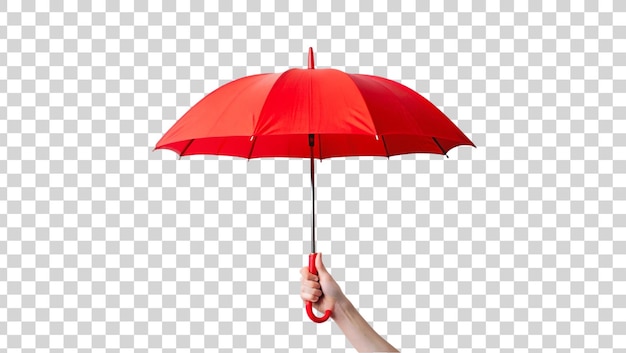 PSD hand holding red color umbrella isolated on transparent background