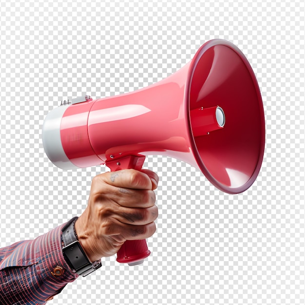 PSD hand holding red megaphone isolated on transparent background generative ai