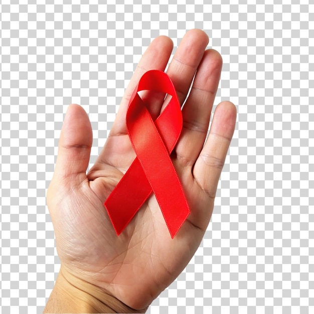 PSD hand holding on red ribbon awareness isolated on transparent background