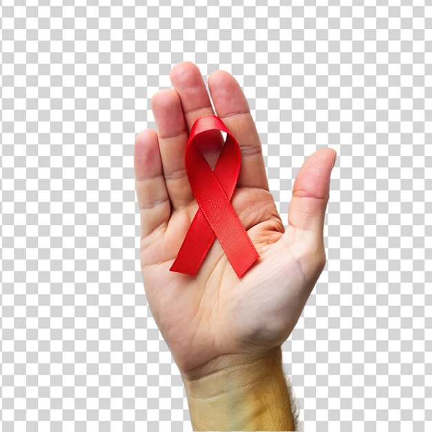 PSD hand holding on red ribbon awareness isolated on transparent background