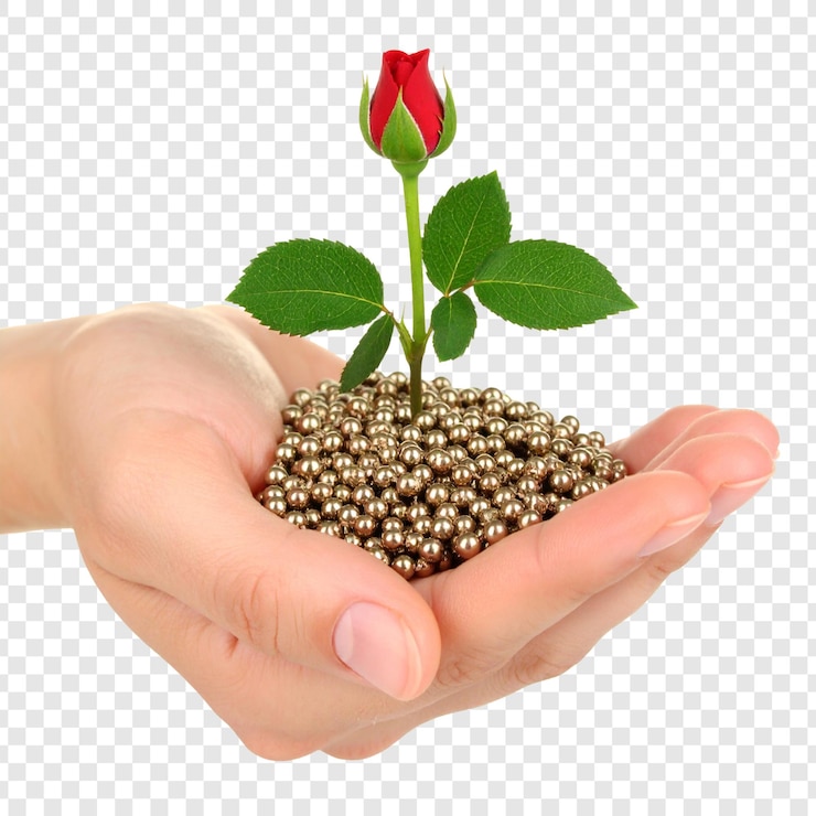 PSD hand holding small rose plant growing from soil granules