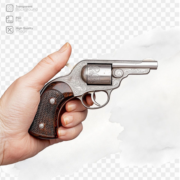 PSD hand holding small vintage revolver with engraved handle on transparent background