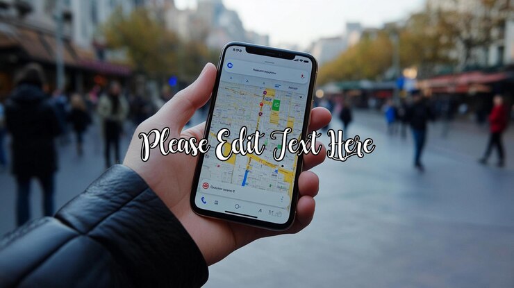 PSD hand holding smartphone displaying map app outdoors in city