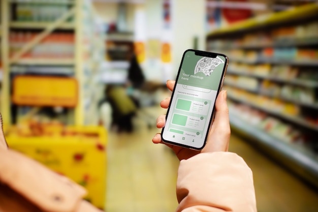 Hand holding smartphone in supermarket