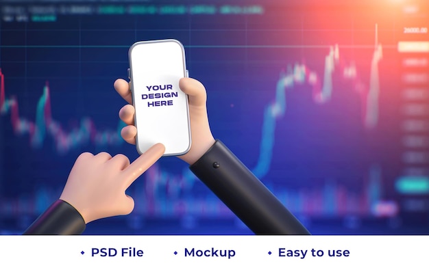 Рука держит смартфон на фоне диаграммы обменного курса торгового индекса 3d фотошоп макет