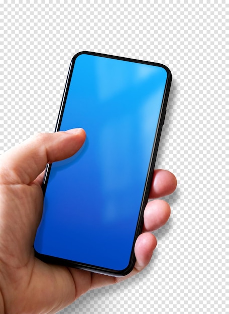 PSD mano che tiene uno smartphone con schermo blu vuoto isolato su sfondo trasparente con ombra