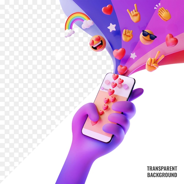 Hand holding smartphone with emoji on transparent psd