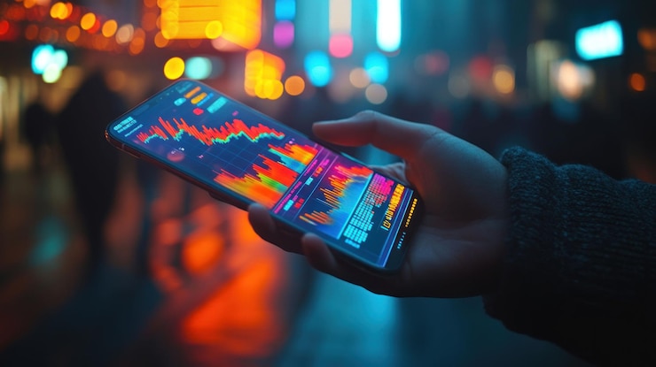 PSD a hand holding a smartphone with financial data displayed on the screen in a city at night