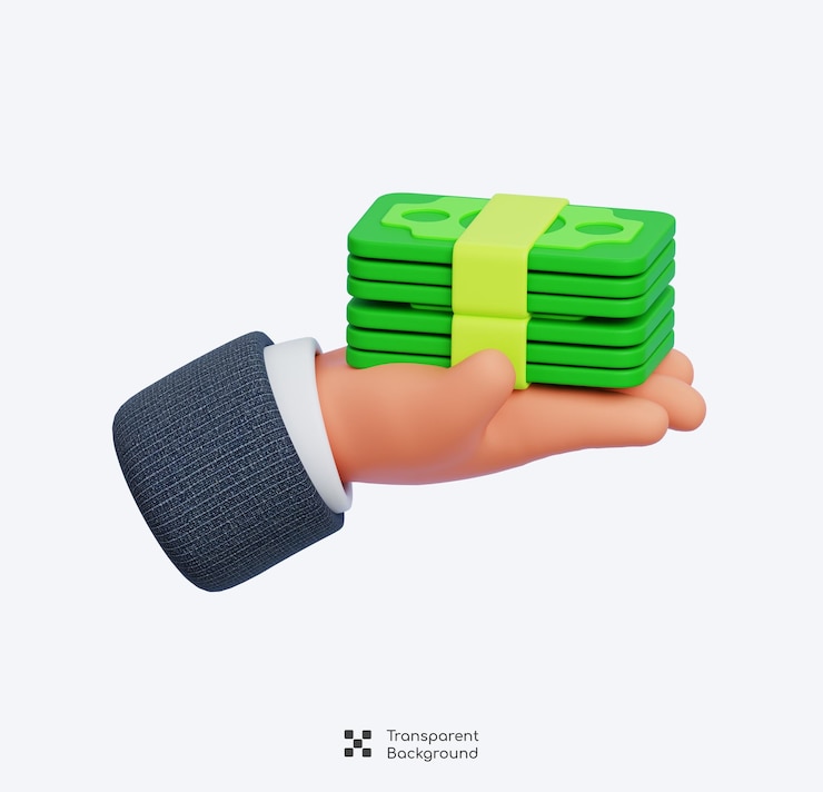 PSD hand holding stack of currency banknotes isolated money investment and business commerce 3d render