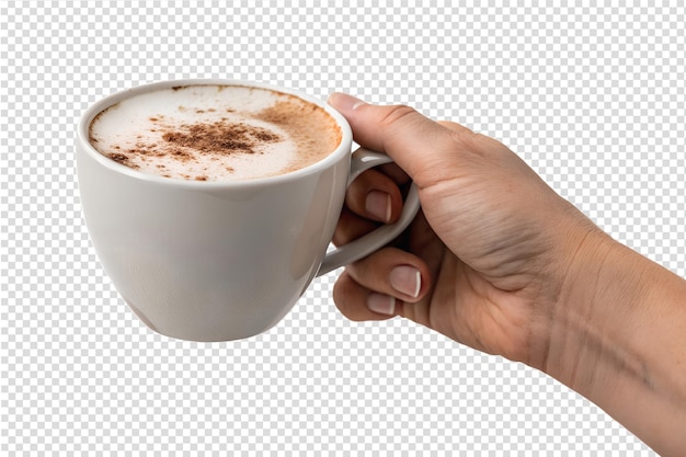カプチーノの蒸しカップを手で握る 隔離されたコーヒー泡 アート 朝の飲み物