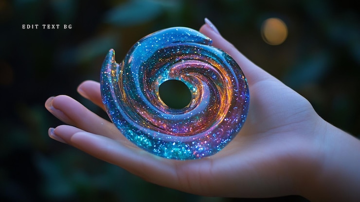 PSD hand holding swirling iridescent glass orb