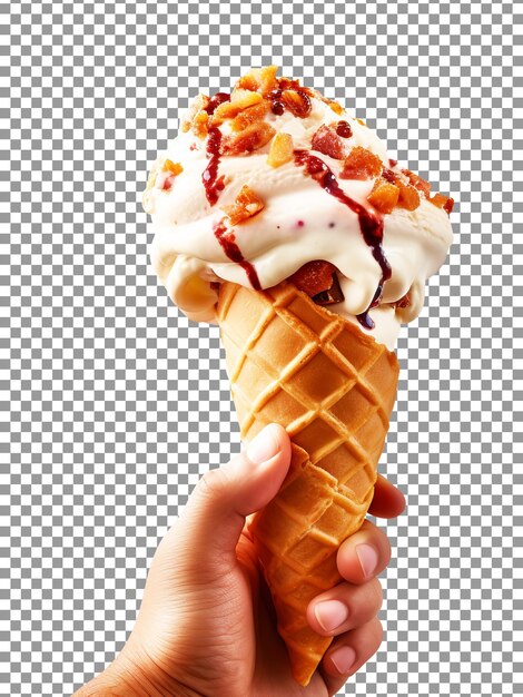 PSD hand holding tasty cone ice cream isolated on transparent background