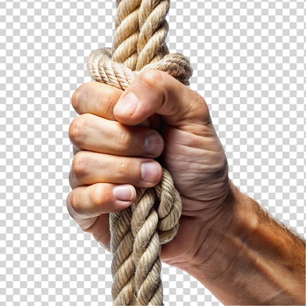 PSD hand holding tight to a rope isolated on transparent background