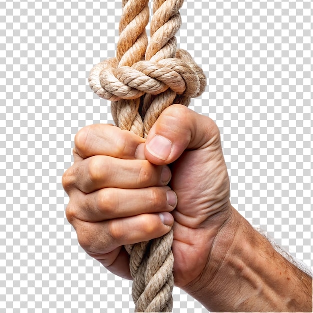PSD hand holding tight to a rope isolated on transparent background