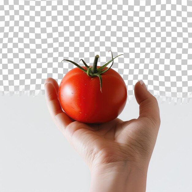 PSD a hand holding a tomato that has a green stem on it