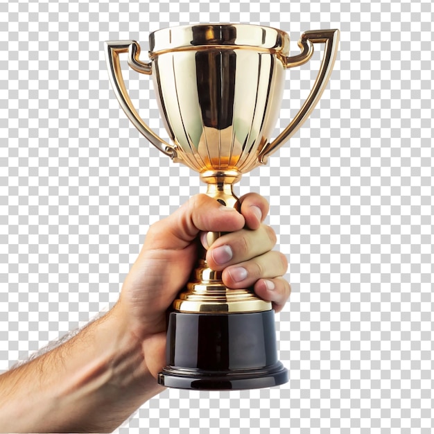 PSD hand holding trophy isolated on transparent background