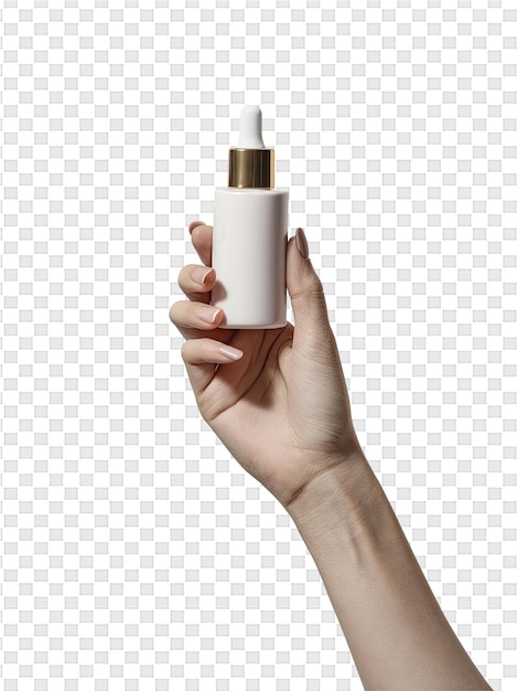 PSD hand holding a white bottle of perfume with a white background