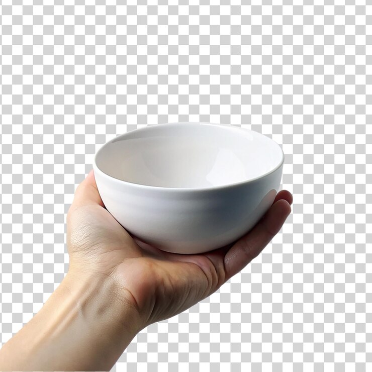 PSD 透明な背景に隔離された白い鉢を握る手
